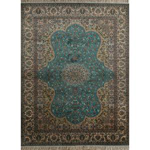 Tapis en soie noué à la main Gulmarg vert, grande surface 9x12, motif médaillon, pour la décoration de salon d'adolescents, usage domestique - Product Image 1