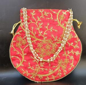 Indian Handmade Adjustable Women's Embroidered Mirror <b>Work</b> Potli Bag Pearls Handle Party Wear Ethnic Bridal Purse Jewelry <b>Pouch</b> - Product Image 3