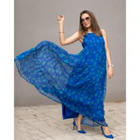 Robe de soirée/club/graduation élégante et ample à volants, longueur ras du sol, grande taille XL, motif floral numérique bleu Julia