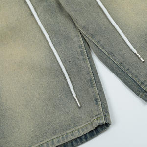 กางเกงขาสั้นผ้ายีนส์ขาตรงทรงหลวมของผู้ชายแบบกำหนดเองแฟชั่นอเมริกันมีเชือกหูรูดเบาซักกลางเอวฤดูร้อนเข็มขัดกระดุม - Product Image 2