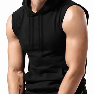 Men's Summer Solid - Color <b>Black</b> Hooded Drawstring <b>Vest</b> with a Simple and Casual Style Plus Size Tank top Solid <b>Black</b> Tank top - Product Image 1