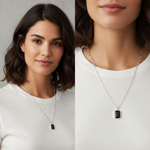 Collar con Colgante de Plata de Ley con Ónix Negro en Corte Esmeralda y Forma de Baguette, Cadena Ajustable Chapada en Plata, Regalo de Compromiso, Boda - Product Image 6