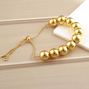Pulsera de cadena de cuentas redondas, cuentas de cobre chapadas en oro, pulsera móvil con cierre deslizante para mujer - Product Image 4