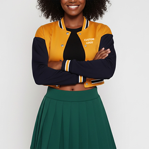 Chaqueta Universitaria de Fabricante OEM, Bordado Chenille, Estampado de Cuero, Ropa Urbana, Chaqueta Bomber Corta Personalizada de Béisbol para Mujer - Product Image 1