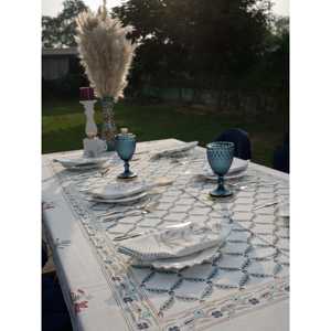 Jannat respetuoso con el medio ambiente Handblock estampado de lona de algodón mantel ajustado azul/gris 6/8 plazas para hoteles sala de estar comedor - Product Image 1