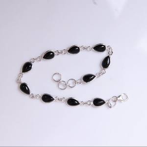 Handmade 925 Sterling <b>Silver</b> Bezel Setting <b>Bracelet</b> Solid Onyx Gemstone Natural Black Pear Cabochon 7x9mm Link Chain for Gifts - Product Image 2