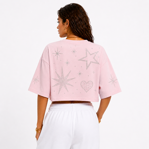 Women Oversized Cropped T Shirt With <b>Rhinestone</b> Embroidery Loose Fit Cotton Streetwear Crop <b>Top</b> Custom Bulk Supplier - Product Image 2
