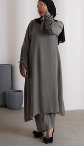 Robe de soirée/formelle modeste en crêpe d'été, longueur au sol, en polyester, silhouette droite, motif uni, taille naturelle - Product Image 2