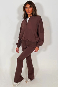 Ensemble de survêtement 2 pièces pour femme, dernier design, marron, fermeture éclair et pantalon pattes d'éléphant, respirant, 100% coton, ensemble de survêtement 2 pièces pour femme - Product Image 2