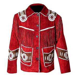 Chaqueta de cuero occidental personalizable para hombre de alta calidad con flecos y cuentas para el invierno con plumón y material de tela - Product Image 1