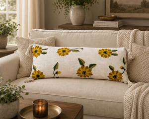 Funda de cojín lumbar decorativa de algodón bordada a mano con motivos de mostaza y girasol, con borlas, para sofá - Product Image 4