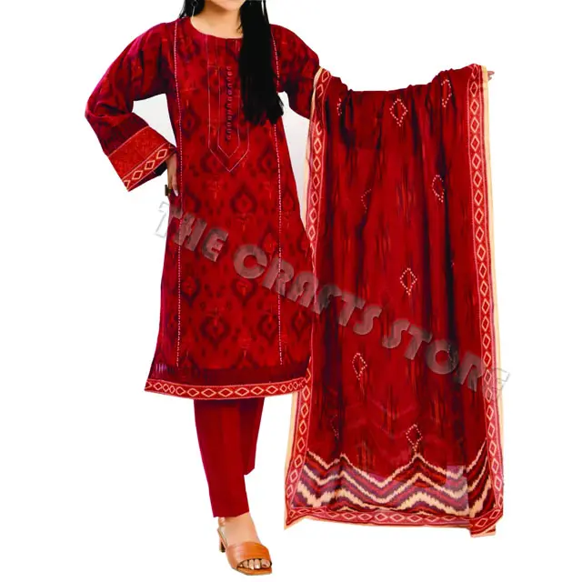 Gaun Pesta 3 Potong Gadis Warna Merah Kameez Shalwar Halaman Menakjubkan Penjualan Laris Pakaian Wanita Pakistan Musim Panas dan Musim Dingin India