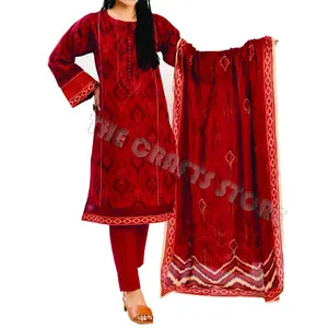 Rode Kleur Meisjes 3 Stuk Kameez Shalwar Party Jurk Gazon Geweldig Hot Selling Pakistan Dames Pak Indian Zomer En Winter Ware