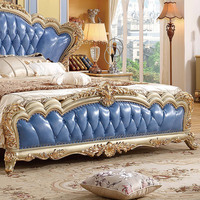 Lit en bois massif sculpté de style européen, meubles de chambre à coucher de villa française, lit en bois avec revêtement en cuir véritable