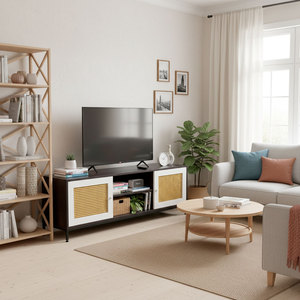 Contemporary Farmhouse Living Room TV <b>Stand</b> with Rubberwood Rattan <b>Doors</b> Iron Legs - Product Image 2