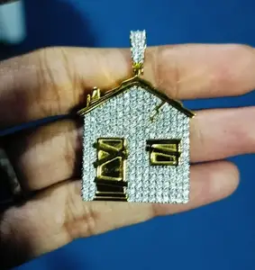 2Ct круглый кубический цирконий Алмазная ловушка в форме дома кулон в стиле хип-хоп для мужчин и женщин с серебряным покрытием