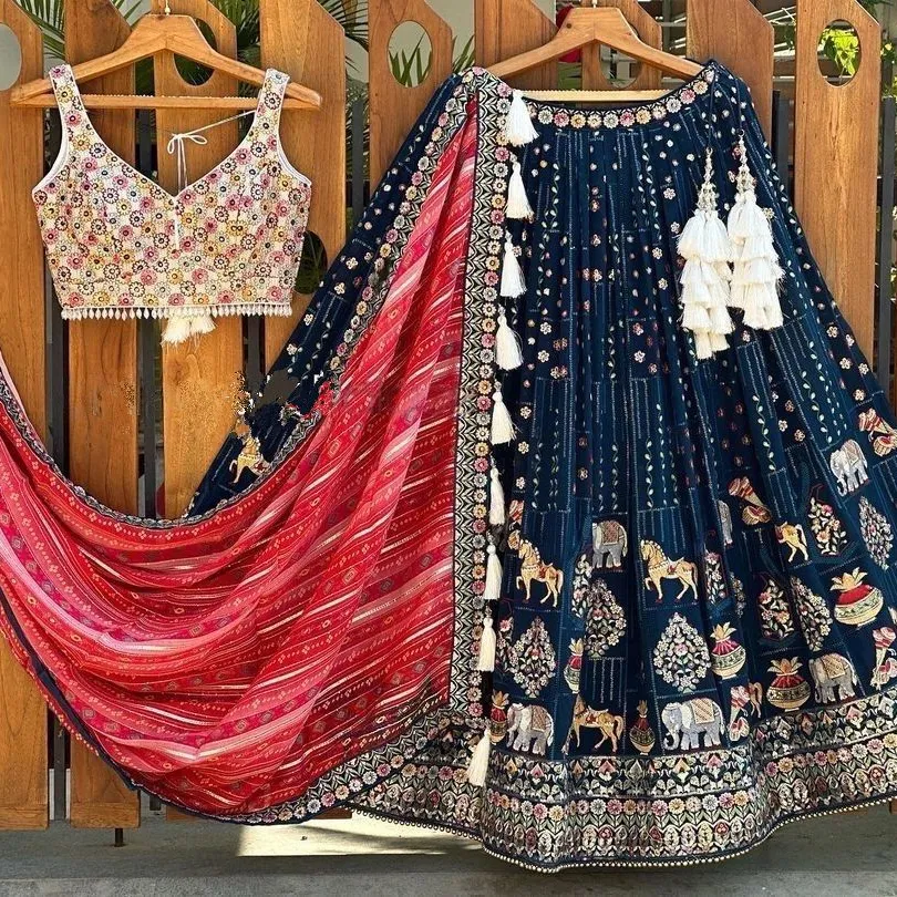 Summer New trending Hathi Ghoda Sequnce Lehngha choli with Dupata Choli Fabric Mono Banglory Inner micro Work Thread Sequnce