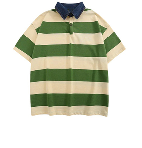 เสื้อโปโลลายทางสำหรับผู้ชายเสื้อโปโลผ้าฝ้ายสีเขียวสีขาวชุดคู่ลำลองทรงหลวมเสื้อโปโลคอตัดกันแนววินเทจ - Product Image 3