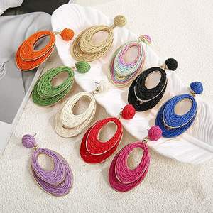 Pendientes de aro de rafia hechos a mano para mujer, joyería colgante Bohemia ligera, fiesta de moda, verano, Vacaciones en la playa, diseño de envoltura de paja de paz - Product Image 6