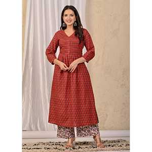 Conjunto de Kurta y Pantalón de Algodón Rojo con Estampado Étnico Indio y Bordado en Tela de Red para Niñas, Ideal para Fiestas - Product Image 6