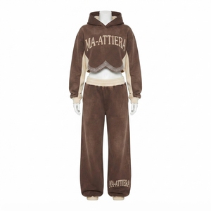 Conjunto de sudadera con capucha para mujer, pantalones deportivos de pierna ancha, chándal marrón, chándal de algodón con efecto lavado ácido, sudadera con capucha corta, conjunto de ropa urbana oversize - Product Image 3