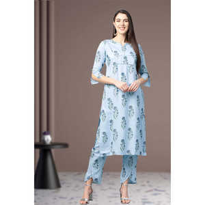 Conjunto de Kurta recto de algodón con estampado floral para mujer con pantalón azul cielo - Product Image 5