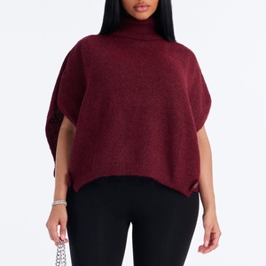 Pull poncho tricoté rouge bordeaux pour femme, col roulé, manches chauve-souris, coupe ample, pull d'hiver, fabrication OEM, tricot sur mesure - Product Image 1