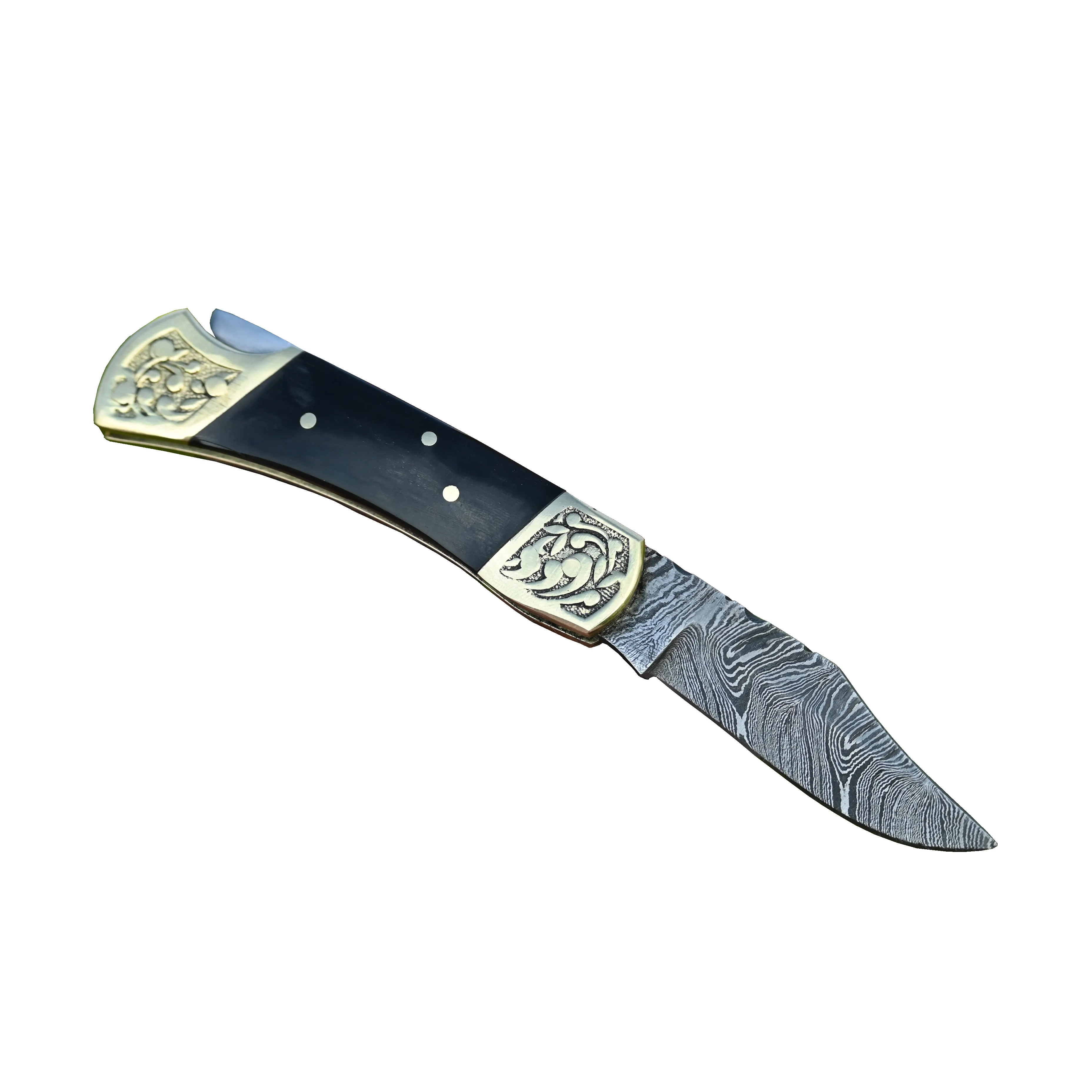 Handmade Mini Damasco Aço Folding Knife Pocket Knife Com Chifre Preto e Latão Handle 420 Camadas