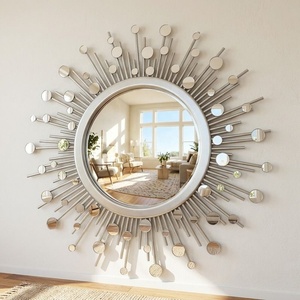Sun Mirrors Modern Frame Home <b>Decoration</b> Wooden <b>Accessories</b> Wall <b>Decoration</b> Round Mirror in Silver Painted - Product Image 2