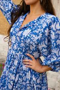 Vestido Midi de Algodón con Estampado de Bloques Azul Rey, Vestido Informal Bohemio para Mujer - Product Image 6