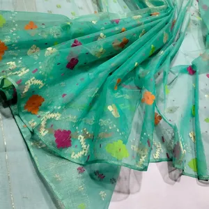 Penjualan terlaris Deshi dhaai Jamdani Sharee kualitas ekspor untuk wanita JAMDANI kain biru hijau emas langit biru dari Bangladesh