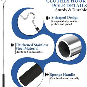 Perche <span class=keywords><strong>télescopique</strong></span> personnalisée en acier inoxydable et aluminium avec verrouillage par torsion, poignée en PVC durable, argentée, pour suspension domestique - Product Image 3