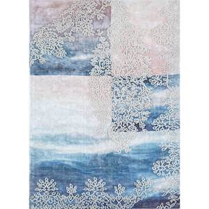Alfombra de Lana y Viscosa Tejida a Mano con Diseño Floral Azul Sile, Personalizada para el Hogar, PHWV-103 - Product Image 1