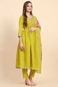 Trendmalls mujer amarillo G188 étnico satén seda bordado Salwar traje conjunto indio paquistaní Kurta pantalón Dupatta para boda todo - Product Image 3
