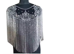 Beautiful Sequined Beaded <b>Burlesque</b> Cape Festive Wrap with Strands Hanging Down Fastens at Neck for Festivals or Capes - Product Image 4