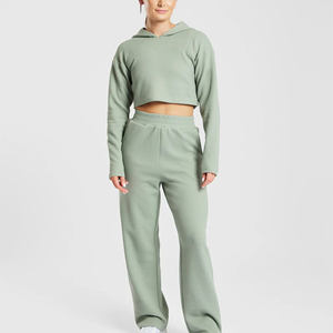 Conjunto de Sudadera Corta de Invierno para Mujer, Manga Larga, Tejido de Punto, Opción de Logotipo Frontal, Venta al por Mayor OEM, Algodón Orgánico Suave, Ropa Urbana - Product Image 1