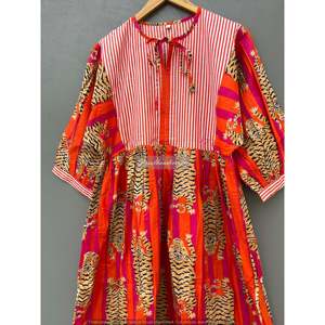 Robe midi en coton imprimé tigre, col profond, style bohème-élégant, respirante, taille naturelle, longueur genou, pour les loisirs ou les sorties en club - Product Image 5
