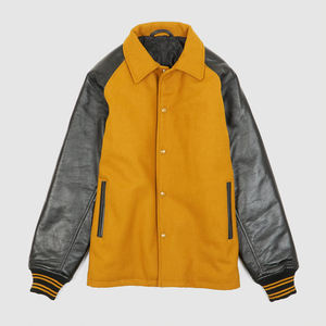 Veste de style universitaire pour homme, jaune moutarde et noire, manches en cuir, doublure matelassée, col rabattu, streetwear urbain tendance - Product Image 1