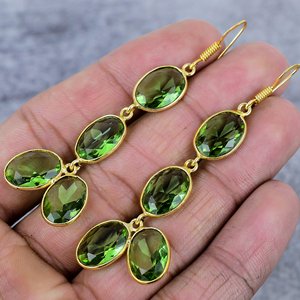 Péridot quatre pierres précieuses boucles d'oreilles en argent Sterling 925 plaqué or anniversaire boucles d'oreilles à la main ovale balancent boucles d'oreilles pour les femmes - Product Image 3