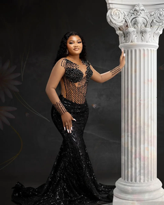 Elegante con cuentas negro sirena hasta el suelo vestido de noche de manga corta Formal fiesta vestido de graduación de talla grande ropa Formal de lujo - Product Image 3