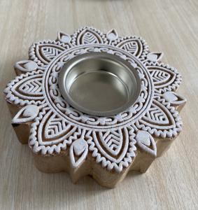 Hand <b>Carved</b> Wooden Lotus <b>Candle</b> Holder: Indian Decor - Product Image 1