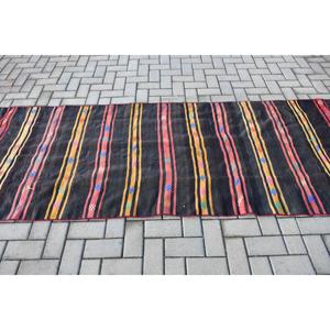 Vintage Kilim <b>Runner</b> Rug 3.3x11.3 ft (100x343 cm), Turkish <b>Black</b> Floral Rug - Product Image 3