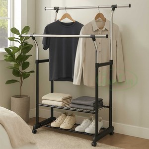 Dual-Layer Extendable Durable Clothes <b>Rack</b> with Rolling Storage Two Wire <b>Shelves</b> Space-Saving Organizer for Home Laundry - Product Image 1