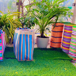 Bolsas de compras de lona tejida a rayas PP de nailon reciclado ecológico al por mayor bolsas de mercado de telar manual reutilizables personalizadas hechas en India - Product Image 1