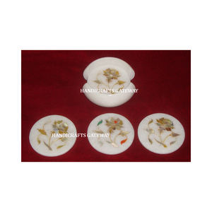 Ensemble de sous-verres en marbre blanc fait main, magnifiquement incrustés, très demandés, à utiliser sur les verres, pour la maison, la cuisine et les restaurants. - Product Image 2