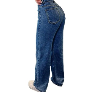 Jeans de Mujer de Cintura Alta con Pedrería, Pierna Ancha, Ajuste Holgado, Pantalones de Mezclilla Azul, Moda Casual Urbana - Product Image 2