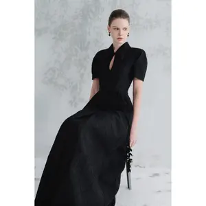 Wholesale Price Long Women's Dress A-line Silhouette With Front Slit Puffy Sleeves SATIN MIDI DRESS Lustrous Twist Tencel Blend