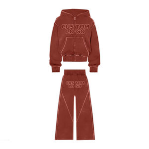 Vêtements de rue patchs de broderie personnalisés lettres survêtement délavé en détresse veste Vintage à capuche et pantalon évasé ensemble - Product Image 3