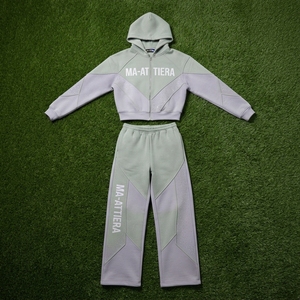 Conjunto de Sudadera Corta con Cremallera y Pantalones Jogger de Pierna Ancha para Mujer, Diseño Bicolor, Bloques de Color, Felpa de Algodón, Chándal OEM al por Mayor - Product Image 5