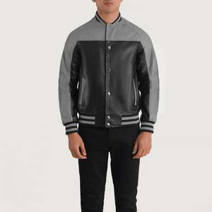 Terrance Vintage Black Grey <b>Sheepskin</b> Leather Varsity <b>Jacket</b> Water-Proof Wool Embroidered Pattern Decoration Sizes XS XL - Product Image 4